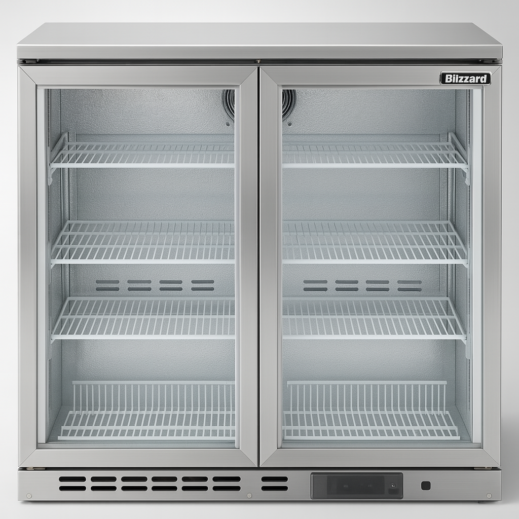 BLIZZARD Stainless Steel Double Hinged Glass Door Bottle Cooler Front View on white background