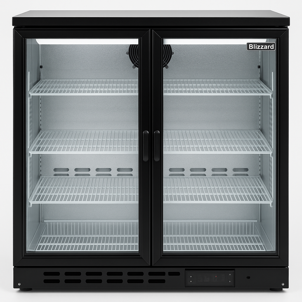 Black Blizzard hinged double door beverage cooler with glass doors on a white background
