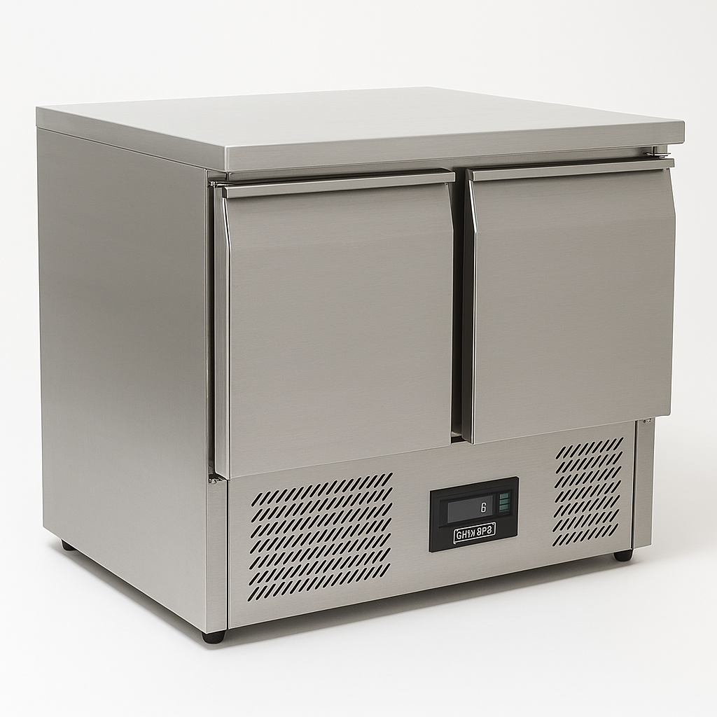 Compact Double Door Counter Refrigerator on a white background