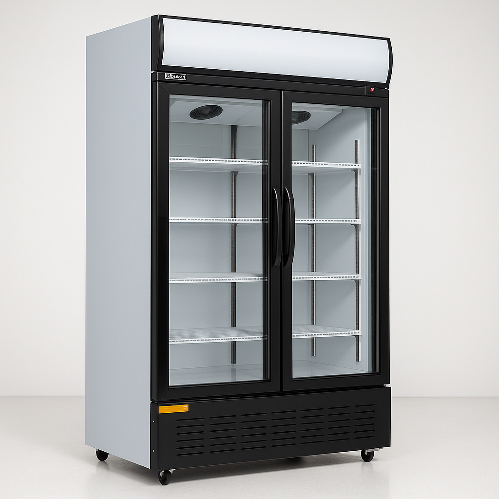 Blizzard Double door sliding glass display fridge 630L side view on a white background