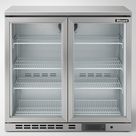 BLIZZARD Stainless Steel Double Hinged Glass Door Bottle Cooler Front View on white background