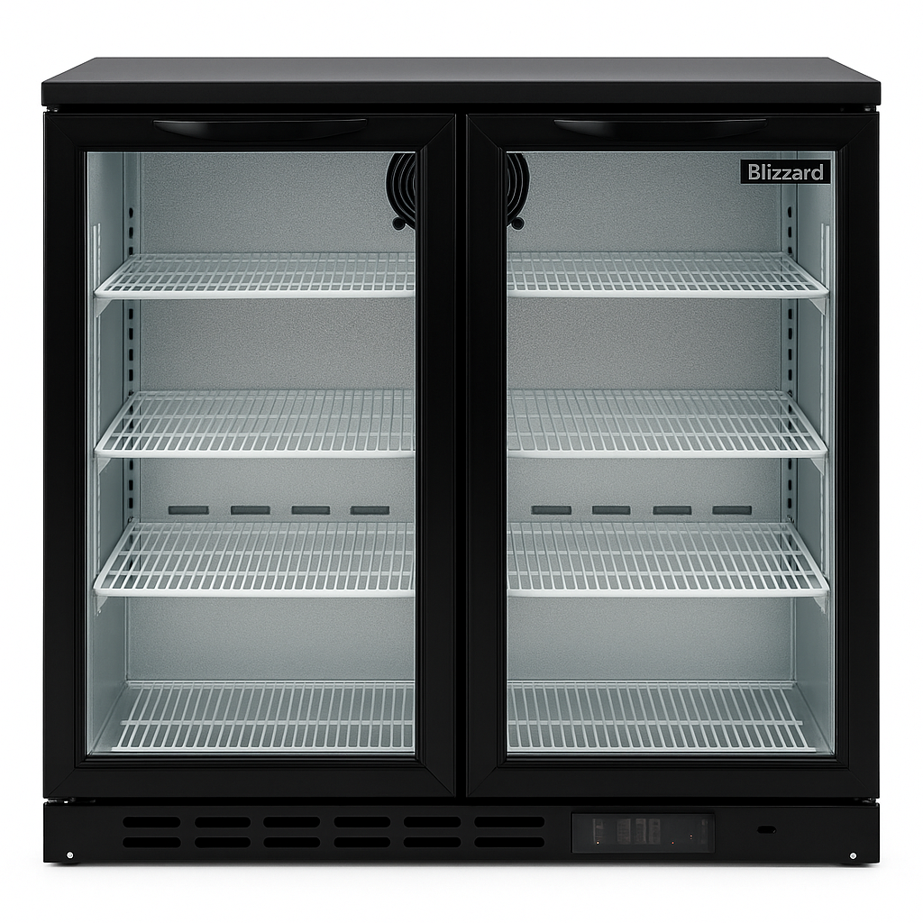 Black Blizzard low height double door commercial refrigerator with glass doors on a white background front view