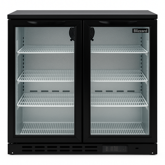 Black Blizzard low height double door commercial refrigerator with glass doors on a white background front view
