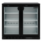 Black Blizzard low height double door commercial refrigerator with glass doors on a white background front view