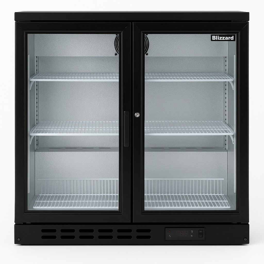 Black Blizzard double-door refrigerator with glass doors on a white background