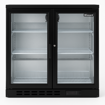 Black Blizzard double-door refrigerator with glass doors on a white background