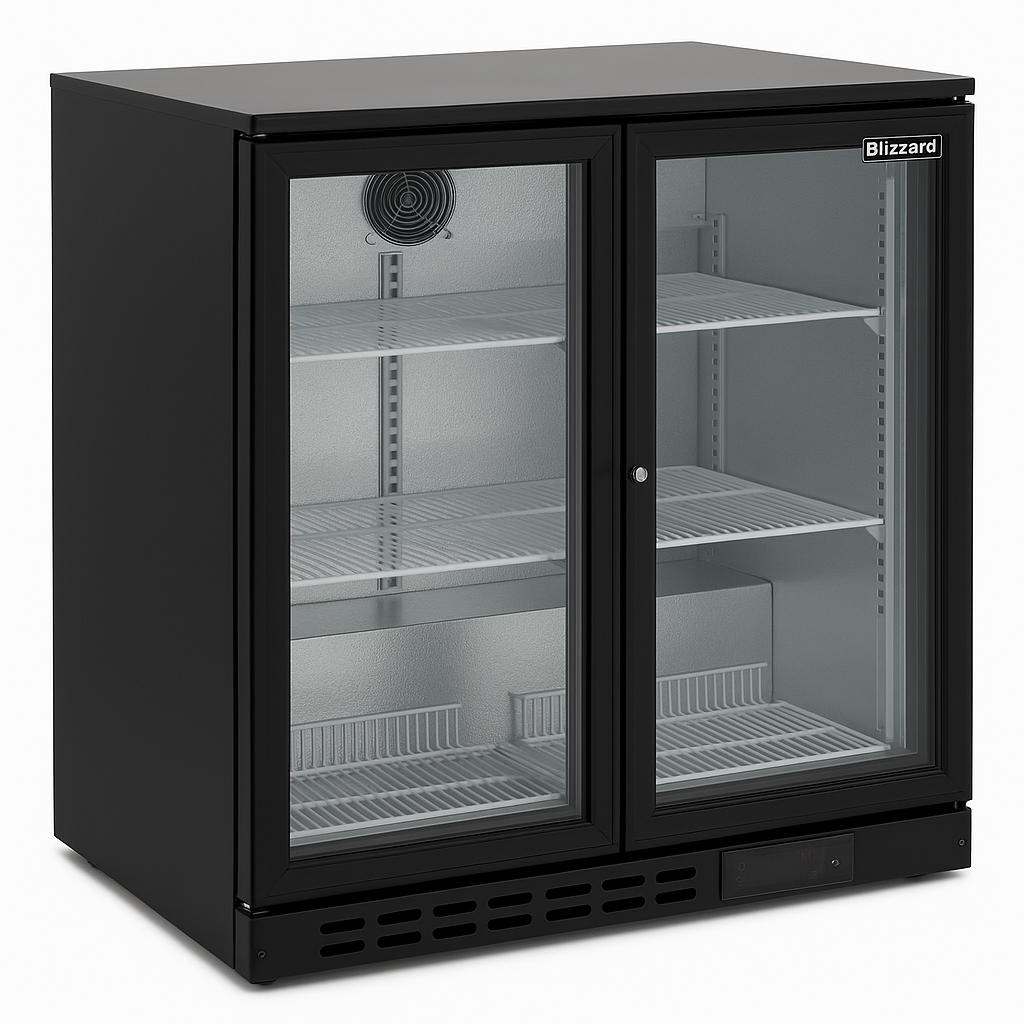 Black Blizzard refrigerator with glass doors on a white background