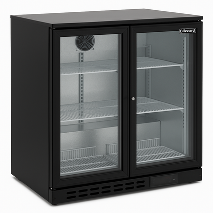 Black Blizzard refrigerator with glass doors on a white background