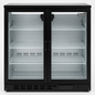Black Blizzard hinged double door beverage cooler with glass doors on a white background