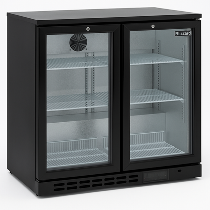 Black Blizzard low height double door commercial refrigerator with glass doors on a white background side view